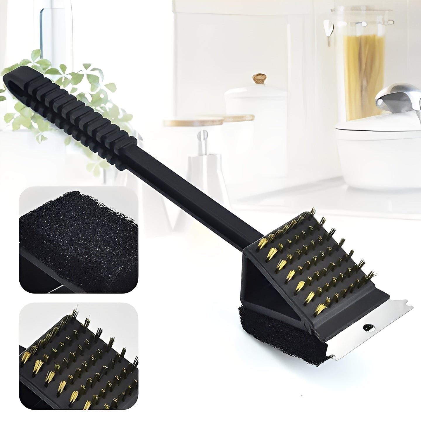 3-in-1 BBQ grill cleaning tool featuring steel bristles and scraper