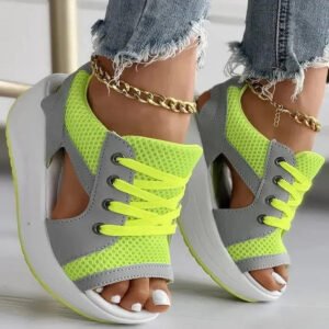 Women’s Lace Up Flat Sandals with Contrast Panels and Cutouts