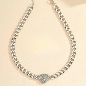 Crystal Heart Charm Choker Necklace with Cuban Chain