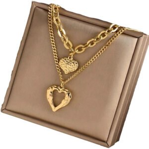 Women's Double Layer Choker Heart Charm and Cuban Link Chain Necklace