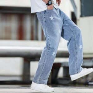 Men's Wide Leg Blue Denim Pants Loose Fit and Casual Fashion