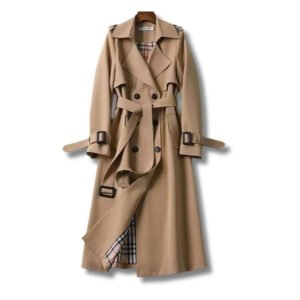Trench Coat with Adjustable Waist Belt and Front Button Closure