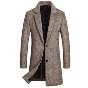 Men's Plaid Wool Coat with Cotton Padding and Lapel Collar