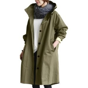 Women’s Long Hooded Raincoat, Waterproof Coat with Adjustable Waist Belt