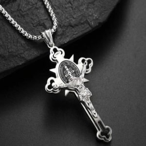 Celtic Cross Pendant Necklace, Double Sided Engraved Medal with Metal Chain