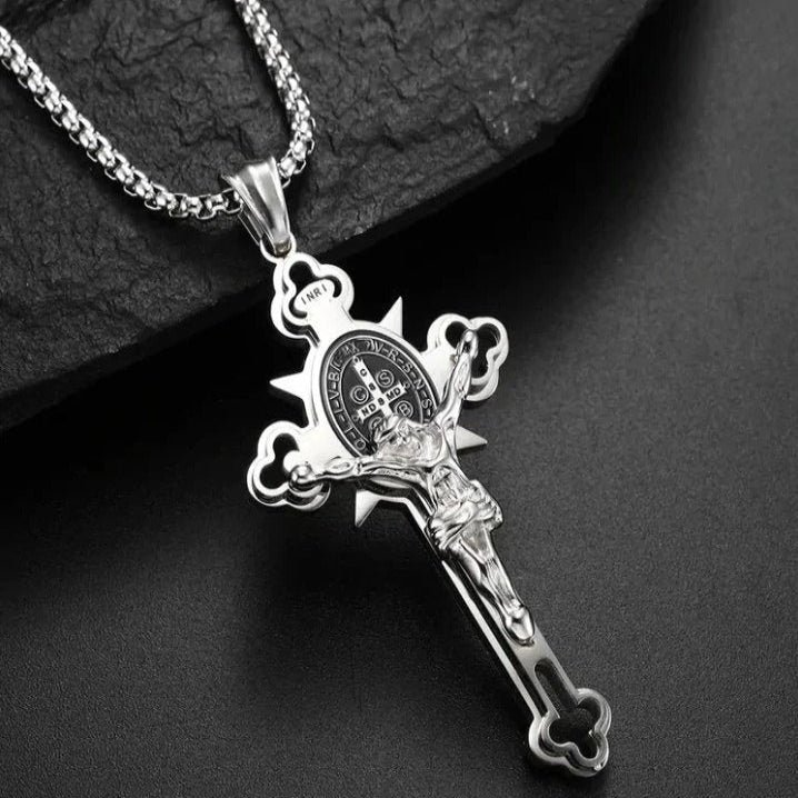 Celtic Cross Pendant Necklace, Double Sided Engraved Medal with Metal Chain