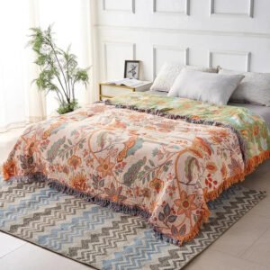 Boho Floral Cotton Blanket with Decorative Pattern