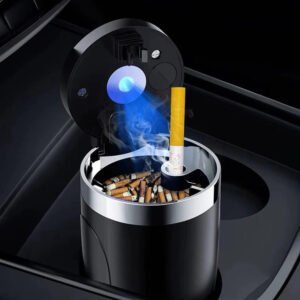 Portable Cup Holder Ashtray with LED Light, Lidded and Odor Resistant Design