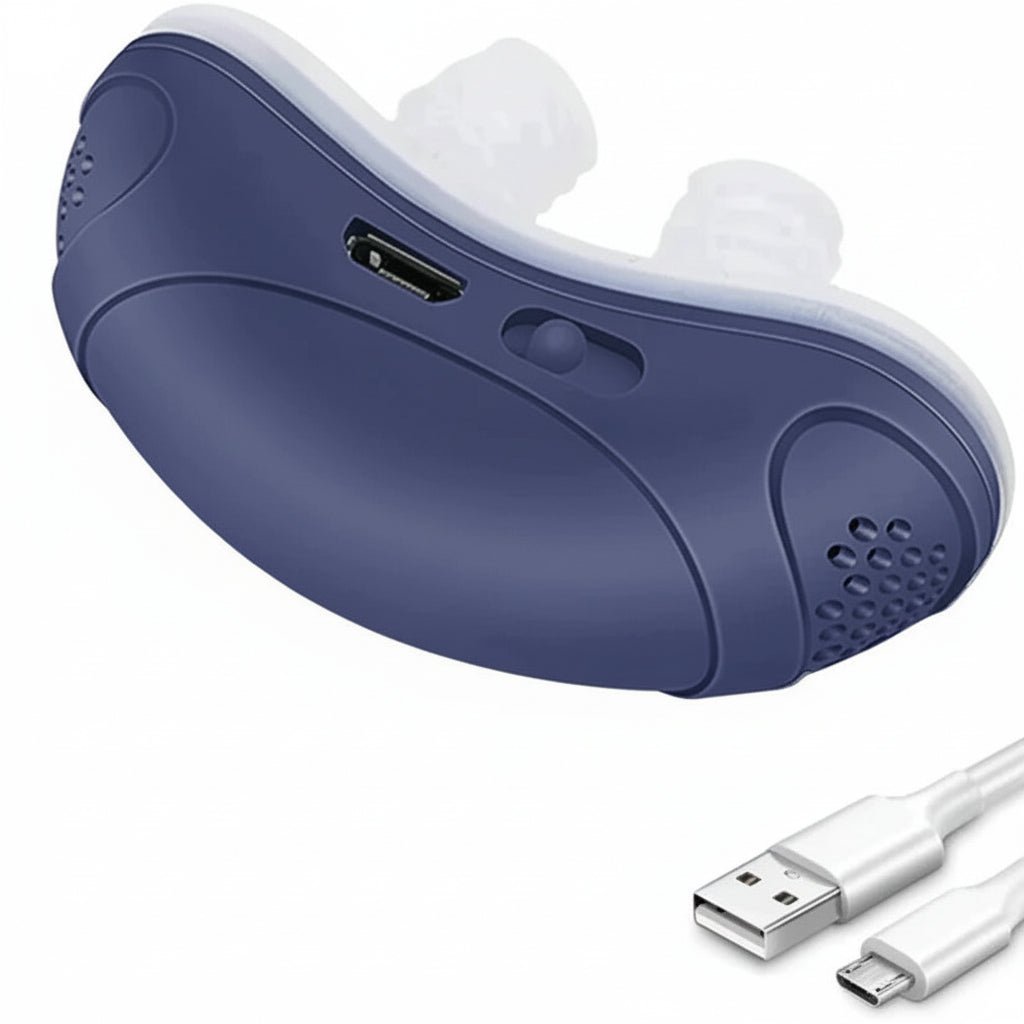 Micro CPAP device showing silicone nasal inserts and external housing