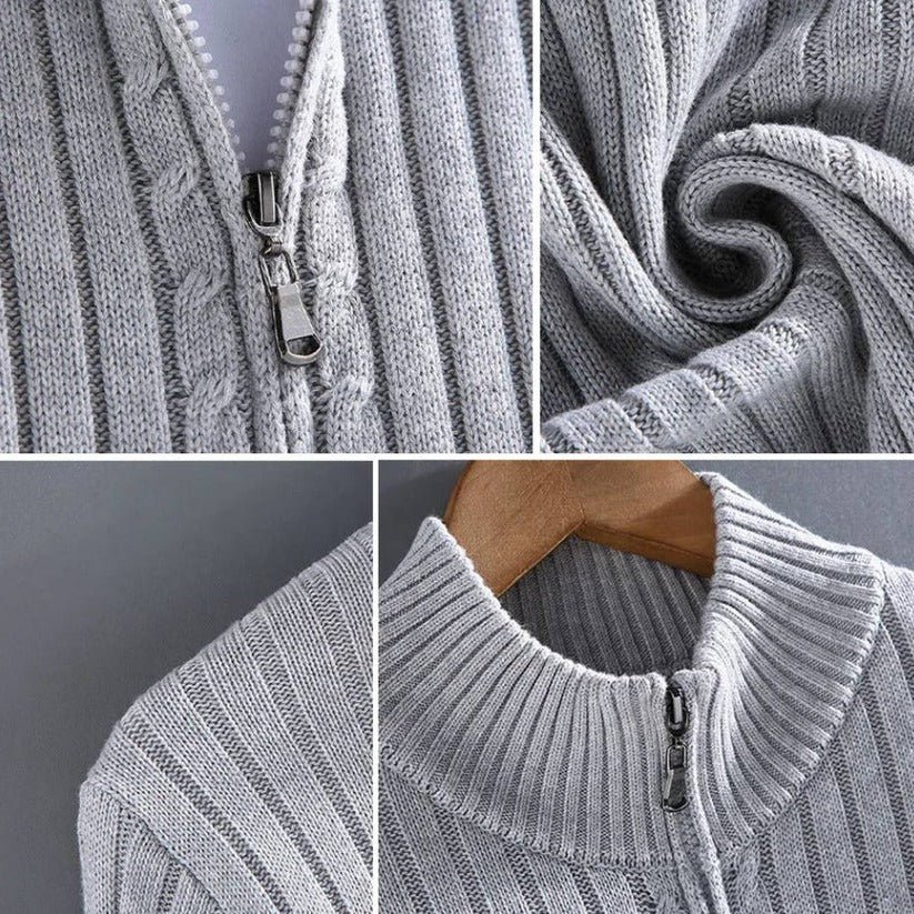 Cardigan layered under a heavier winter jacket demonstrating the slim silhouette