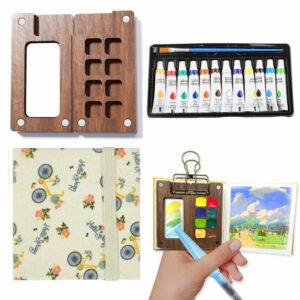 Portable Travel Watercolor Set with Mini Palette, Paint Brush and Sketchbook