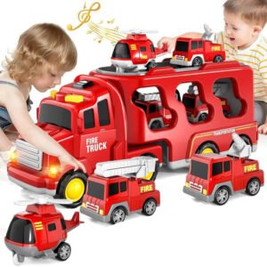 Fire Truck Transport Toy Set with Lights and 4 Friction Vehicles and Helicopter