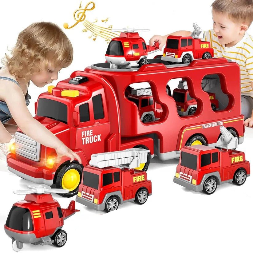 Fire Truck Transport Toy Set with Lights and 4 Friction Vehicles and Helicopter