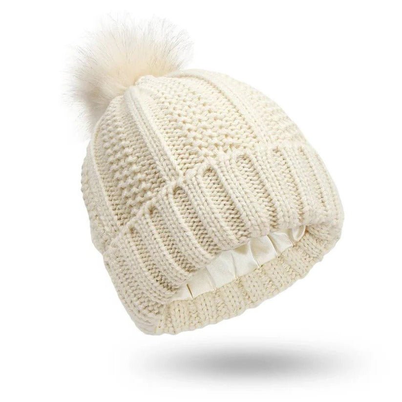 Silk Lined Pompom Beanie for Frizz Control and Static Free Hair
