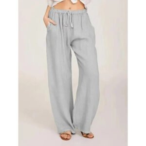 Women's Wide Leg Linen Blend Pants with Elastic Waist and Pockets